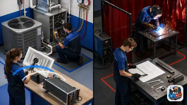 Animated HVAC technician and welder reviewing trade careers
