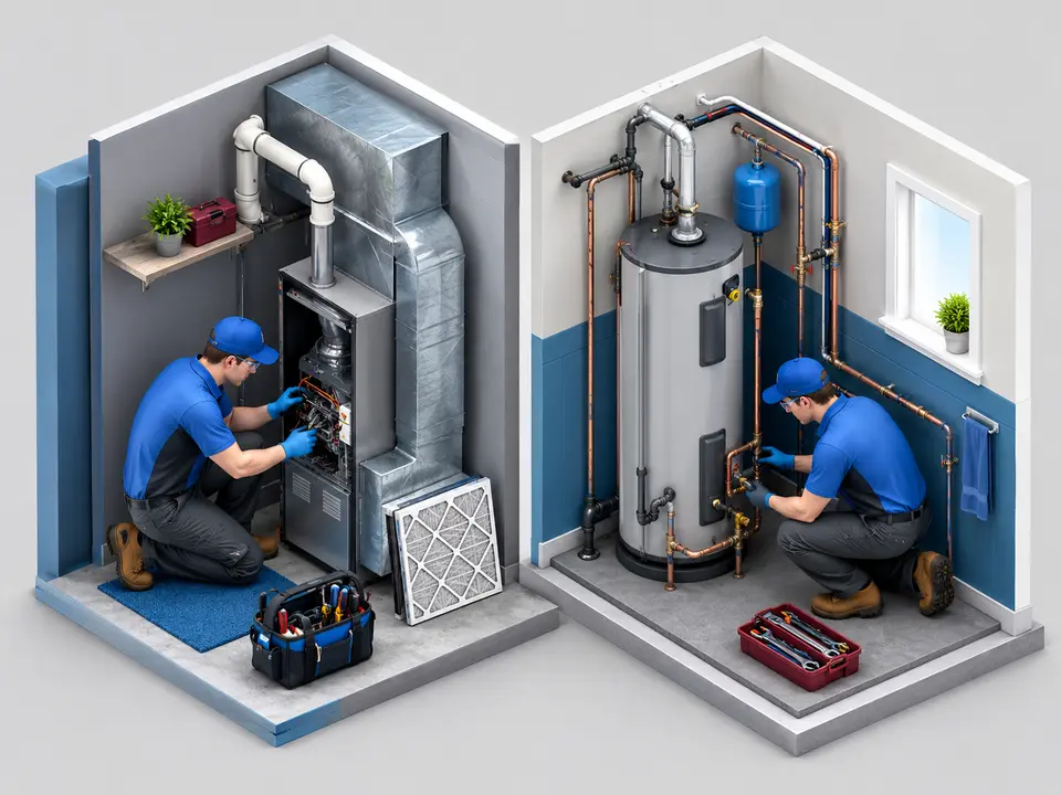 HVAC technician and plumber comparing skilled trade work in a California home