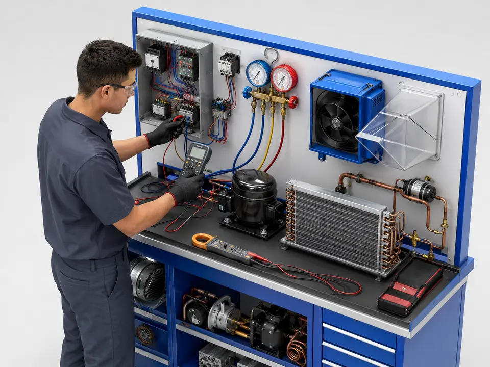 HVAC student learning electrical, airflow, and refrigeration concepts in a lab