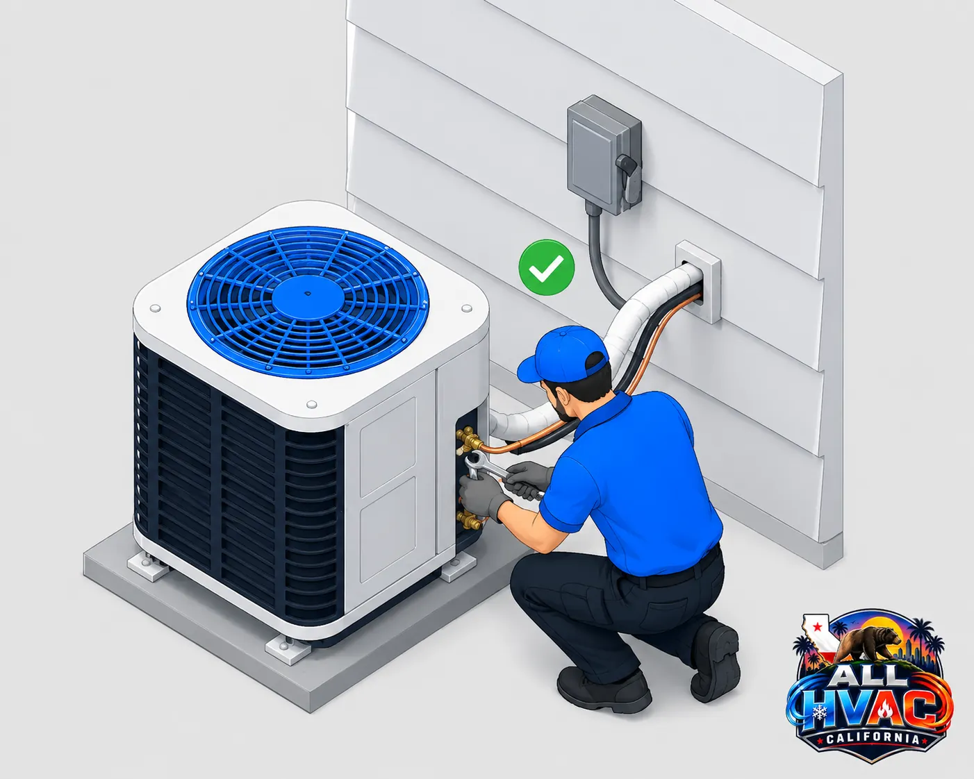 HVAC technician installing an AC condenser during a residential ac installation