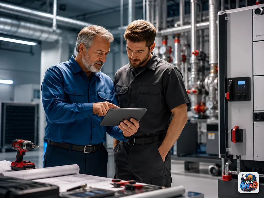 Senior HVAC technician mentoring a younger worker