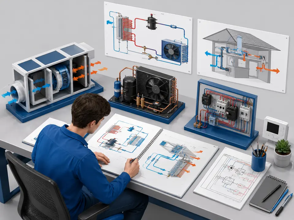 HVAC learner studying system theory diagrams and technical notes at home