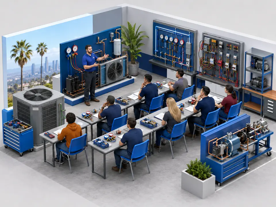 Students learning HVAC theory in a California trade school classroom