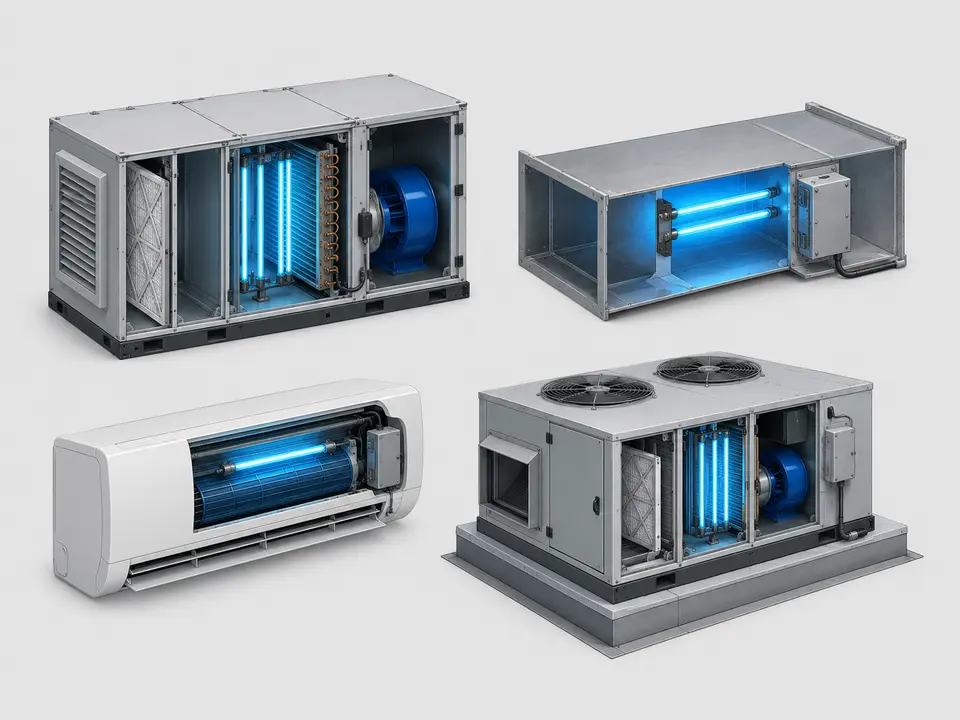 Comparison of coil-surface, in-duct, mini-split, and commercial HVAC UV systems