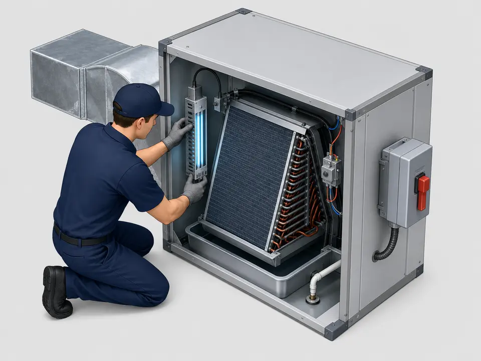 Technician installing a UV-C light near an HVAC evaporator coil in a California home