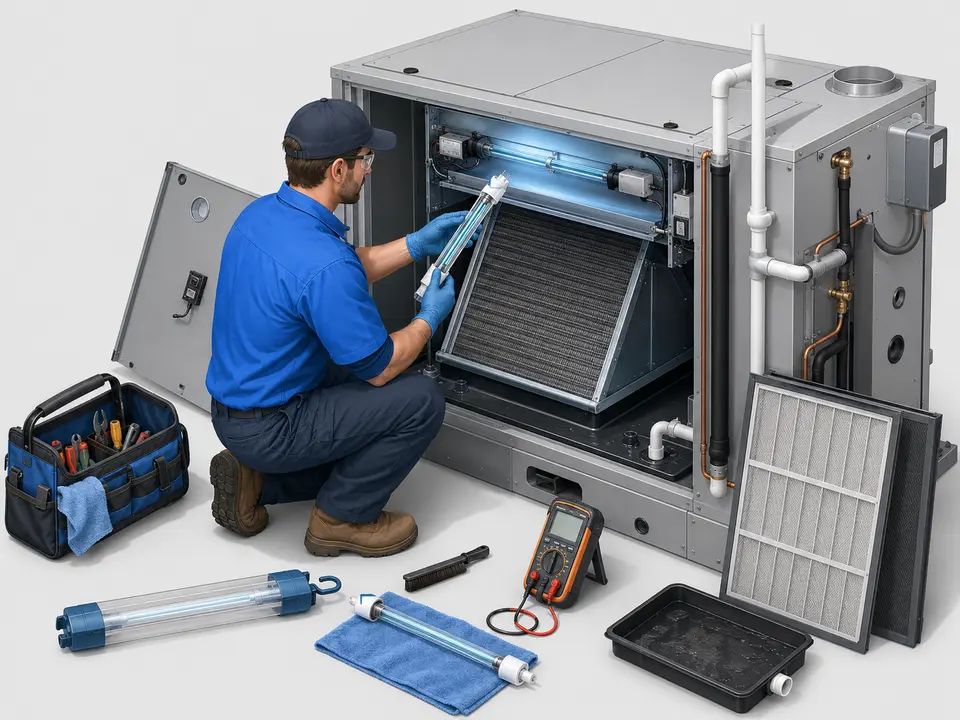 Technician replacing an HVAC UV bulb and testing the ballast and safety interlock