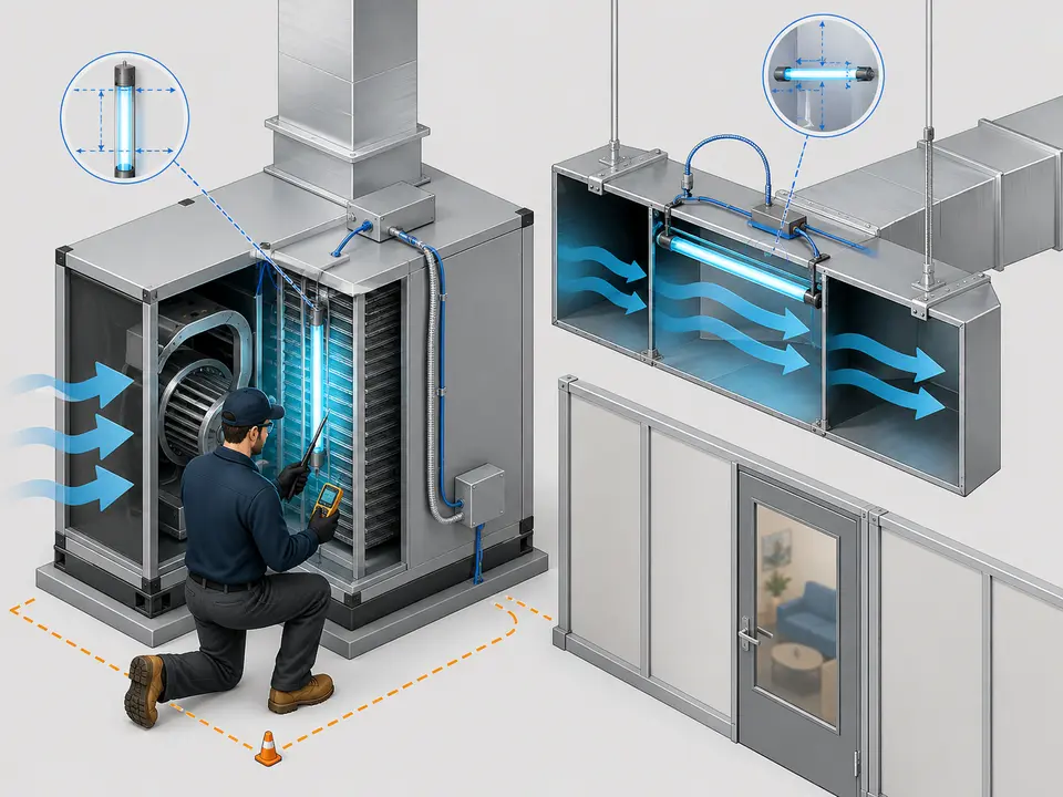 Technician assessing safe UV-C lamp placement inside an air handler and duct system