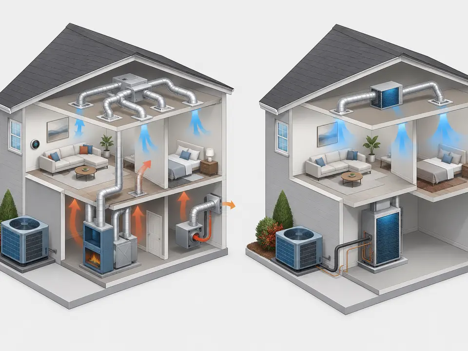 Home cutaway comparing complete HVAC service with air conditioning equipment
