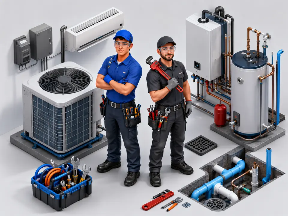 HVAC technician and plumber comparing salary and career paths
