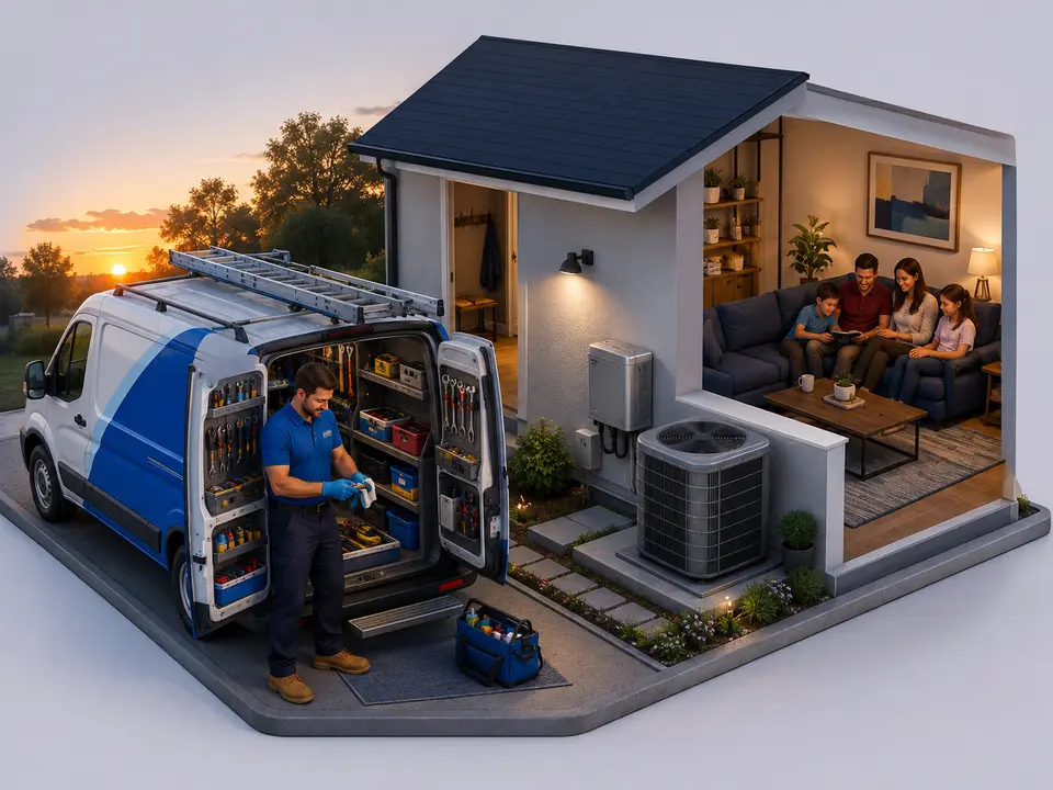 HVAC technician finishing a balanced workday with time for family life