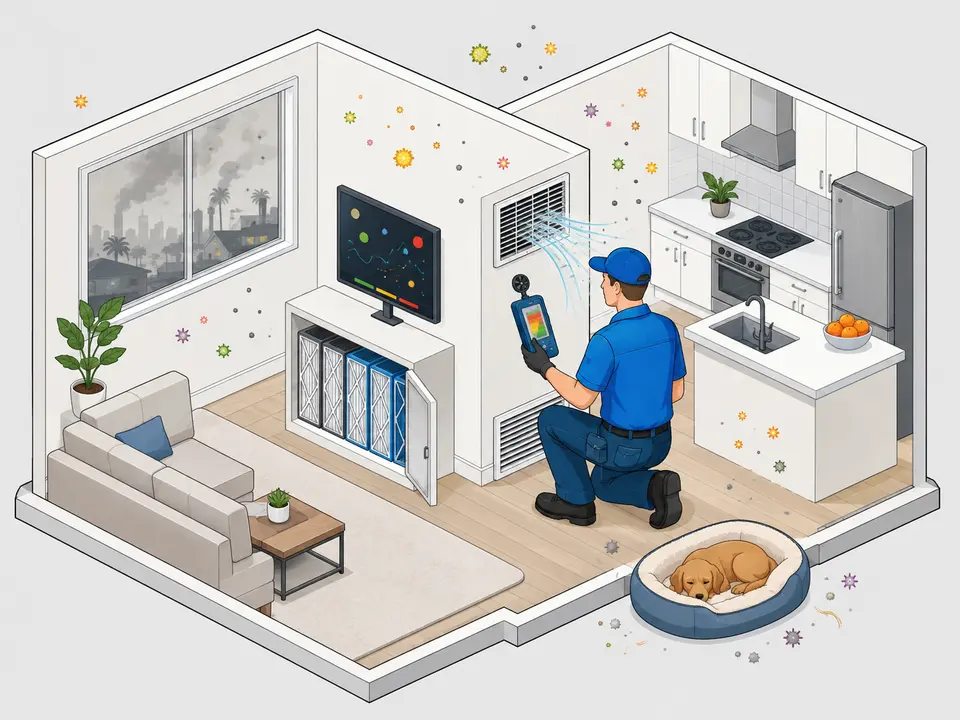 Technician measuring indoor air quality for dust pollen smoke odors and pet dander