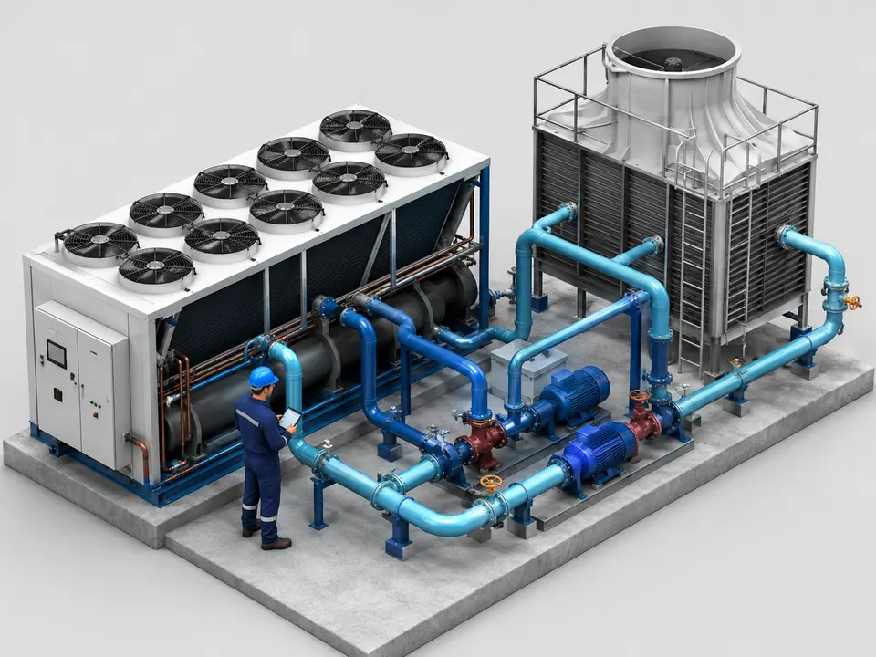 Industrial HVAC chiller technician servicing large mechanical equipment