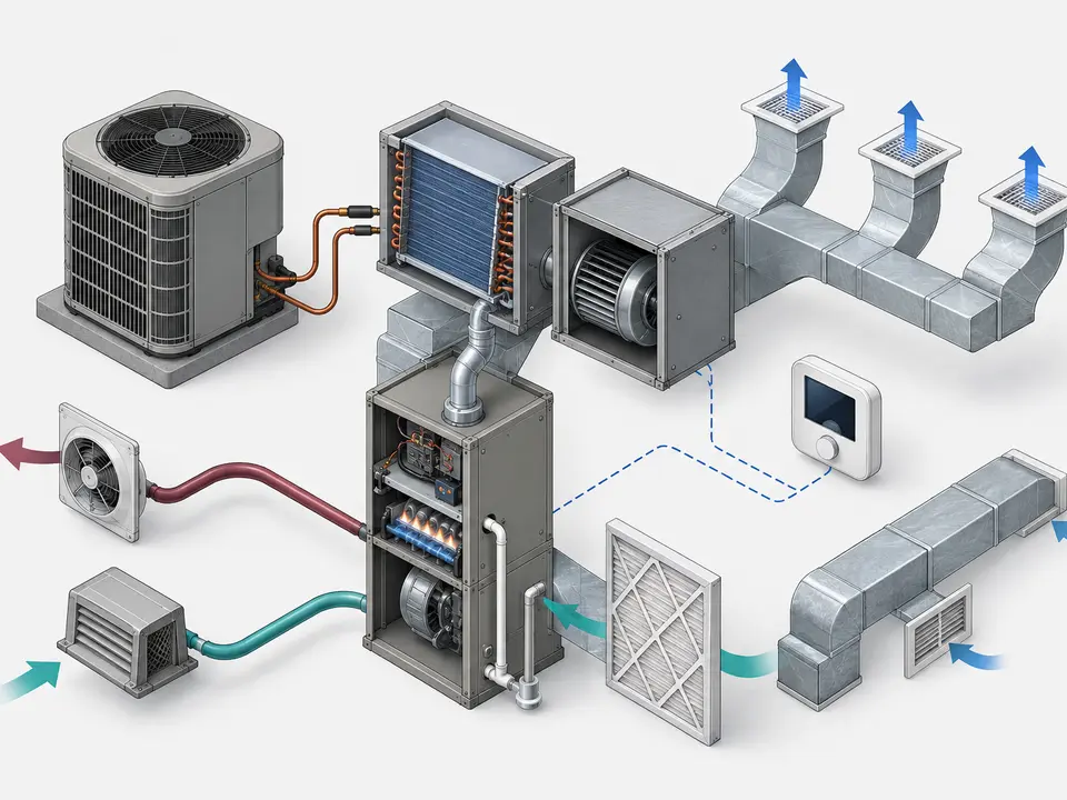 Labeled home HVAC equipment showing heating cooling ventilation and air conditioning parts