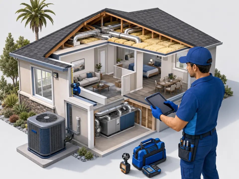 HVAC technician assessing a California home for load calculation and equipment sizing