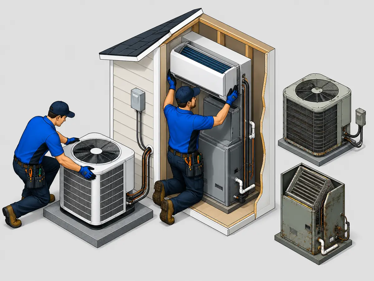 Technicians completing a matched condenser and evaporator coil replacement