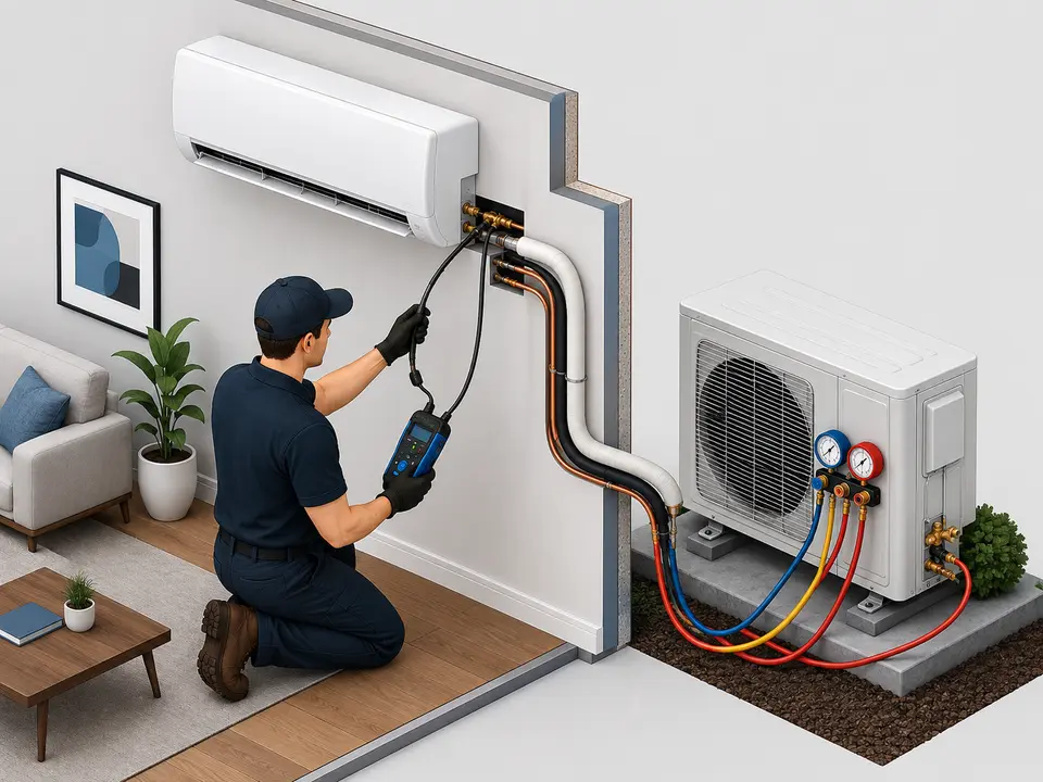 Technician performing mini split refrigerant leak detection on indoor and outdoor units