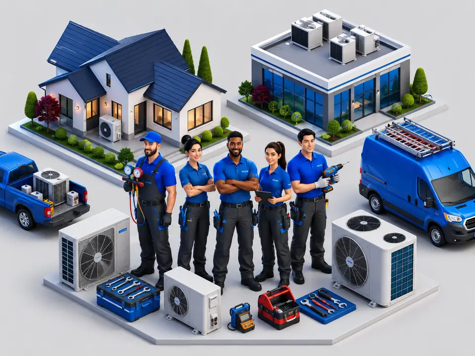 Modern HVAC team working together on residential and commercial systems