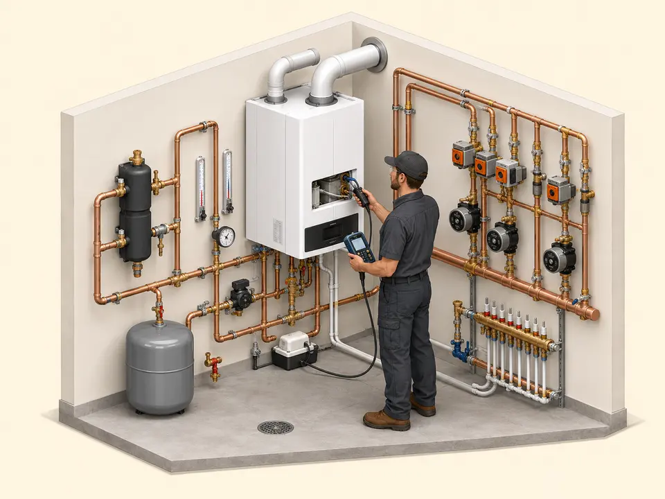 Technician commissioning a replacement boiler with combustion pressure temperature and control testing