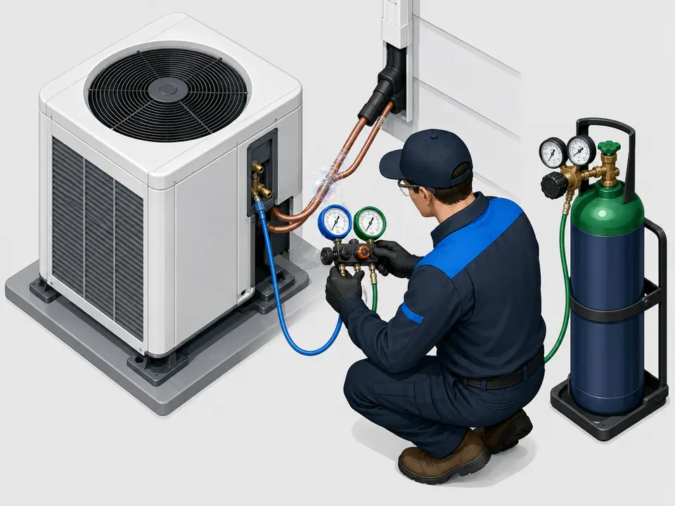 Technician nitrogen pressure testing an AC line set after leak repair
