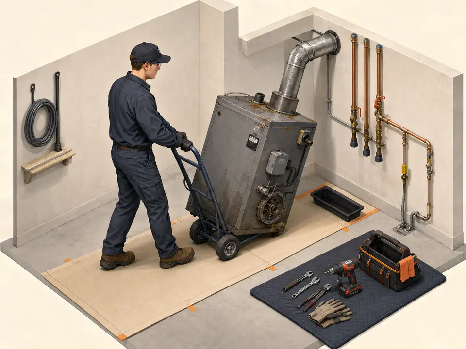 Technician removing an old boiler with protected floors and isolated piping