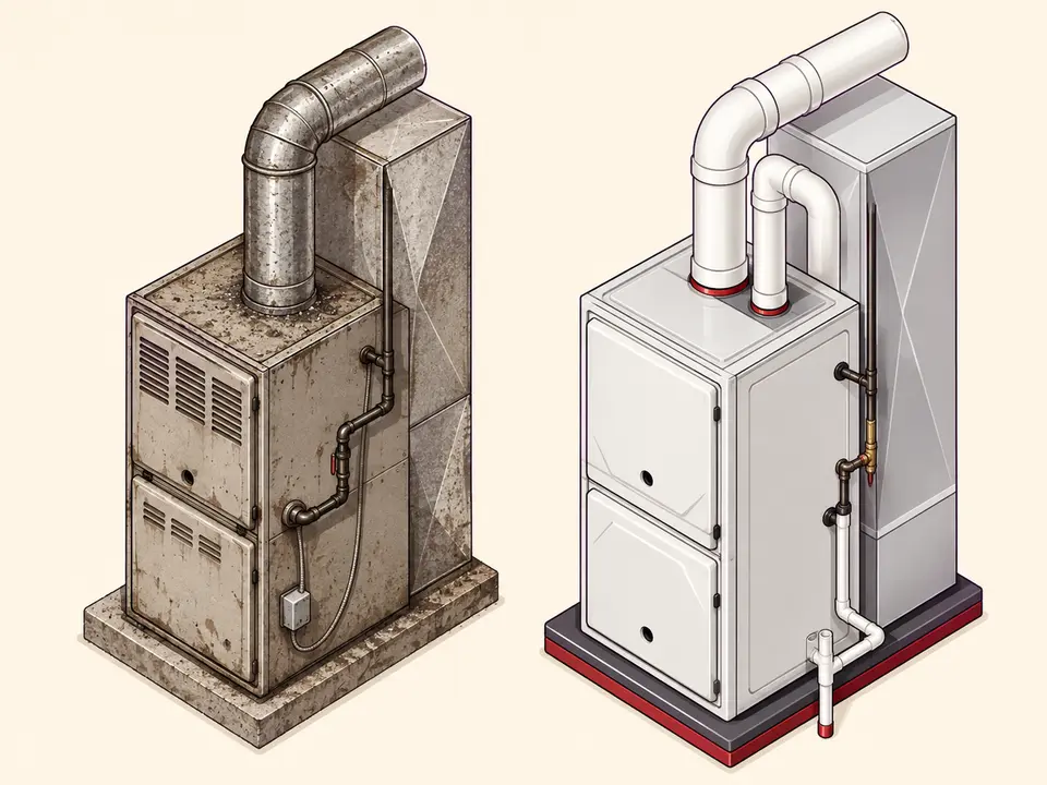 Old furnace compared with a modern high efficiency furnace replacement
