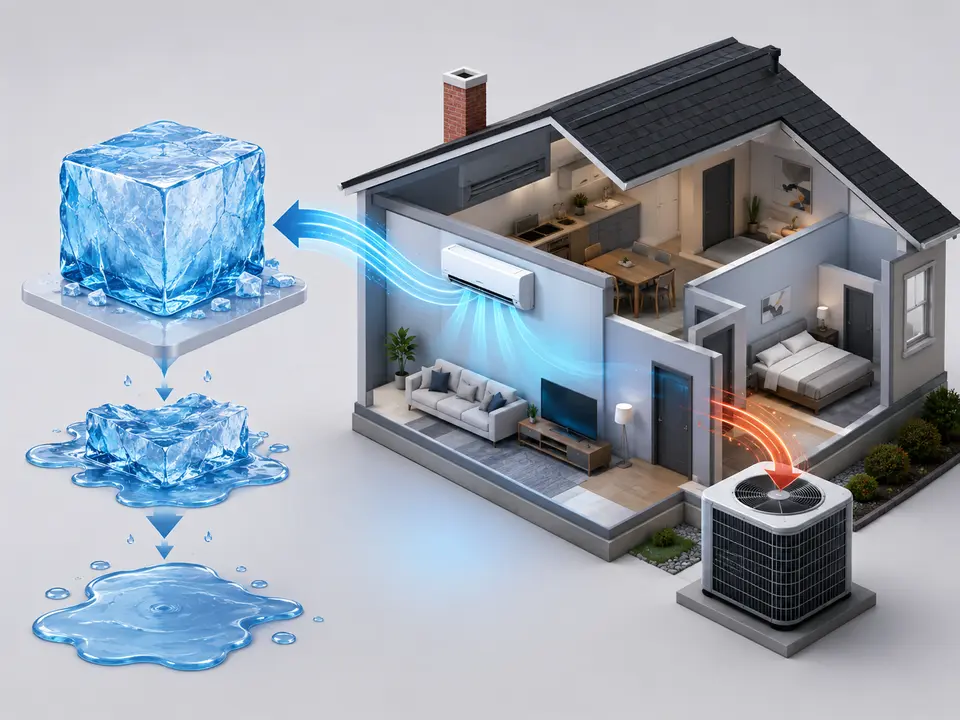 Isometric home cooling scene explaining one ton of HVAC cooling capacity