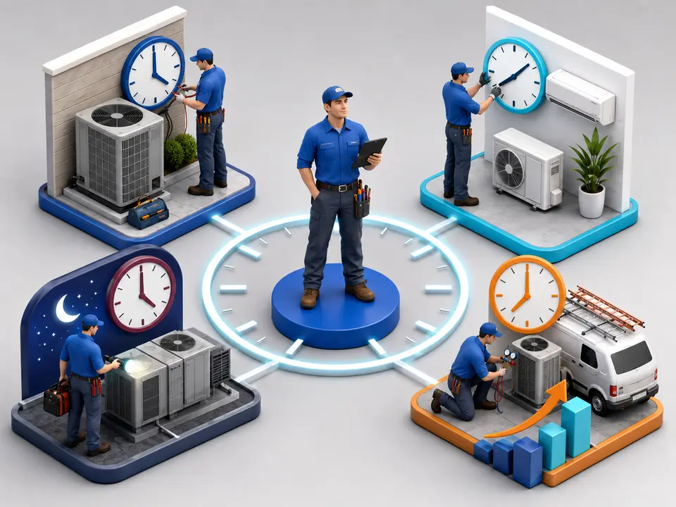HVAC technician reviewing overtime on-call and emergency service earnings