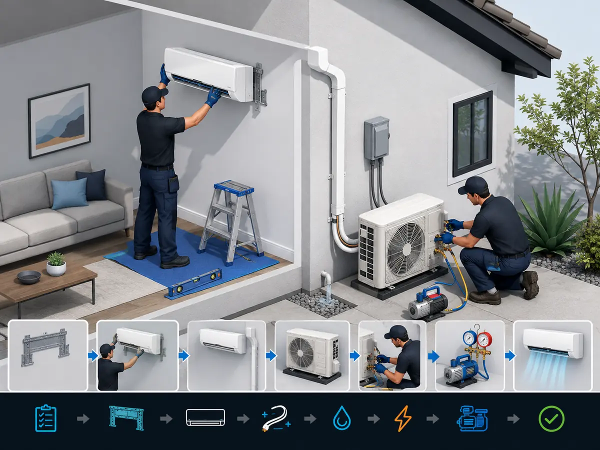 Two technicians completing a professional ductless system installation