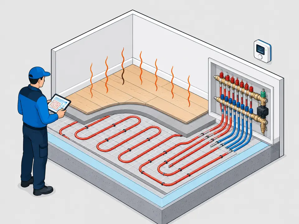 Radiant floor heating design assessment with insulation manifold zones and thermostat