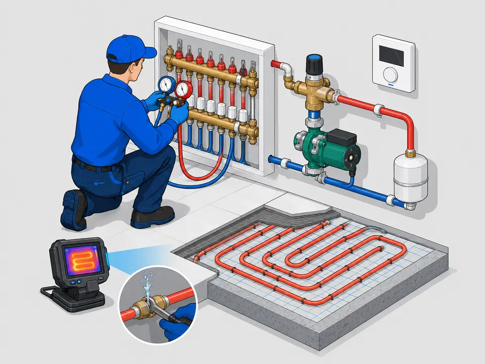 Radiant heating testing balancing leak detection and repair