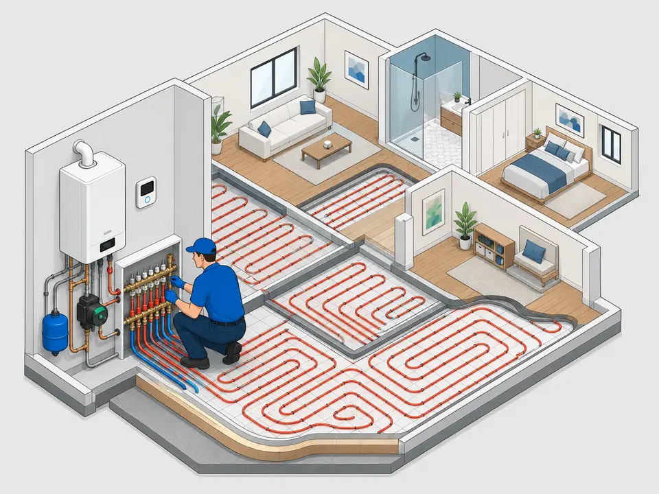 Technician installing hydronic radiant floor heating in a California home