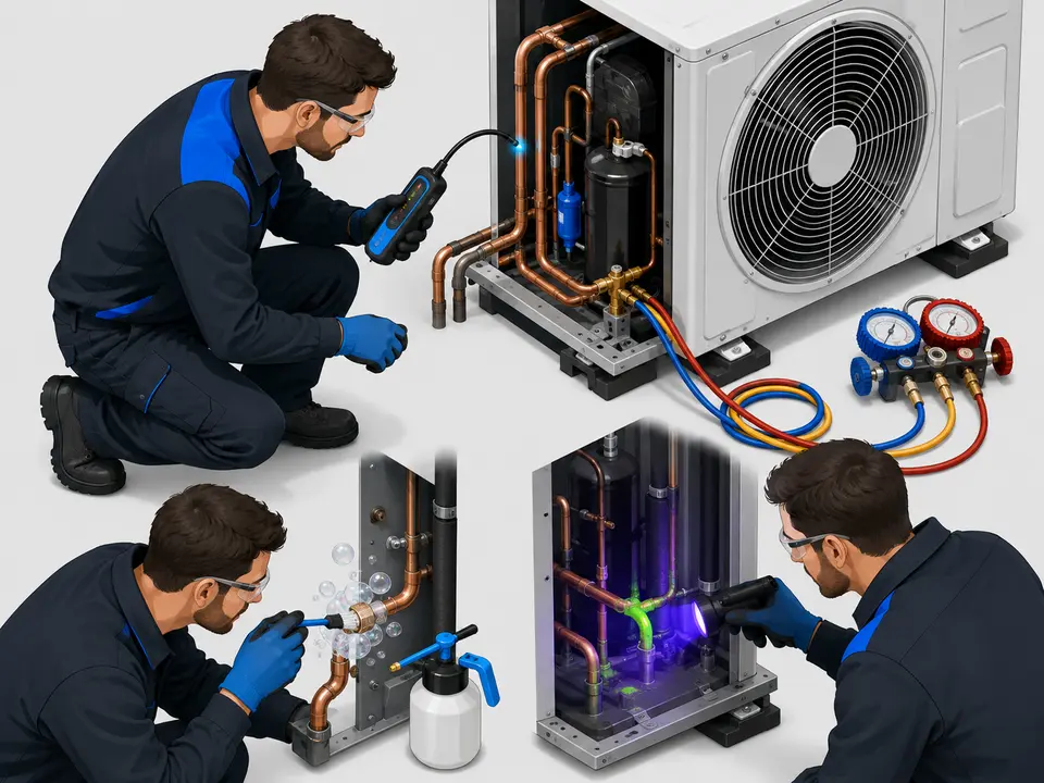 Electronic detector soap bubbles and UV light used for refrigerant leak detection