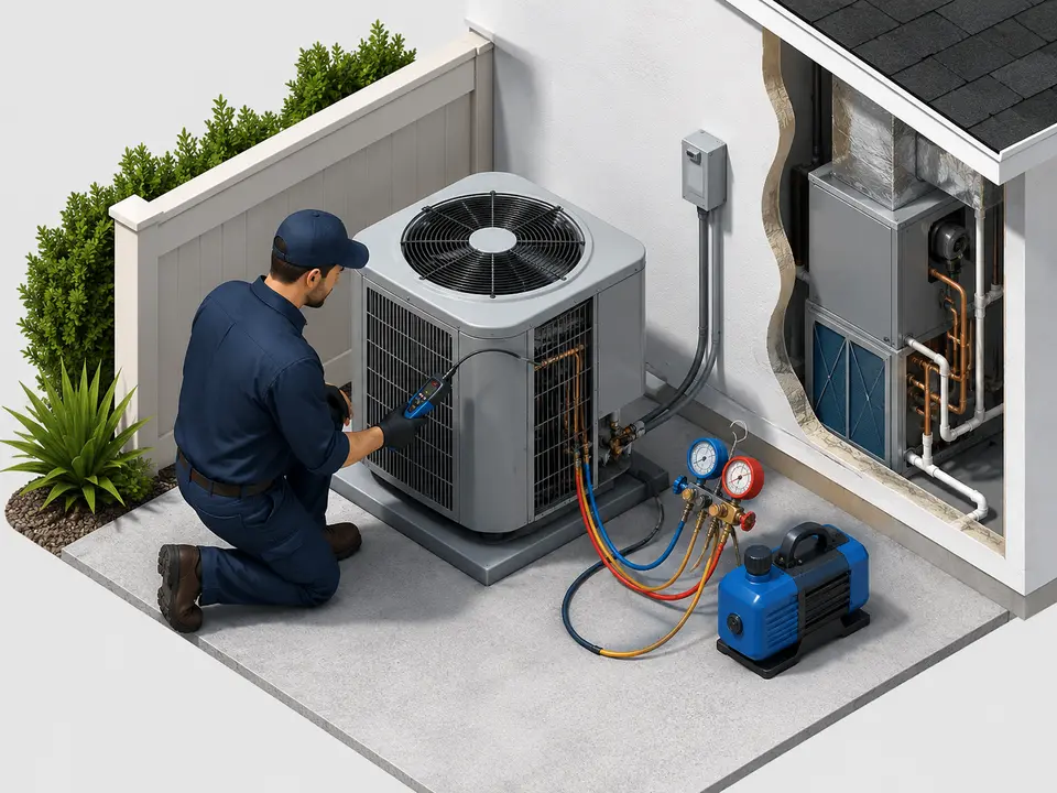 Technician performing refrigerant leak detection on a residential AC system in California