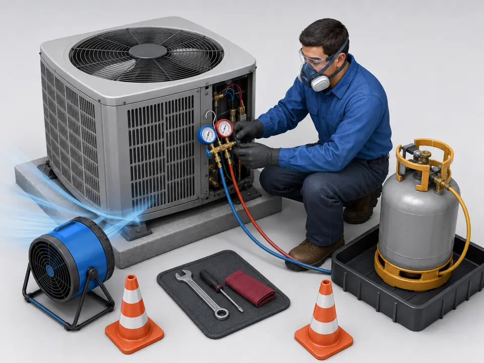 Certified HVAC technician safely servicing a refrigerant system