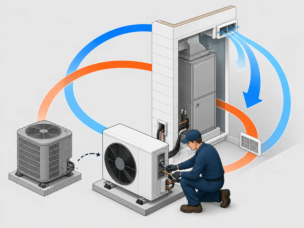 Technician replacing an AC with a reversible heat pump system
