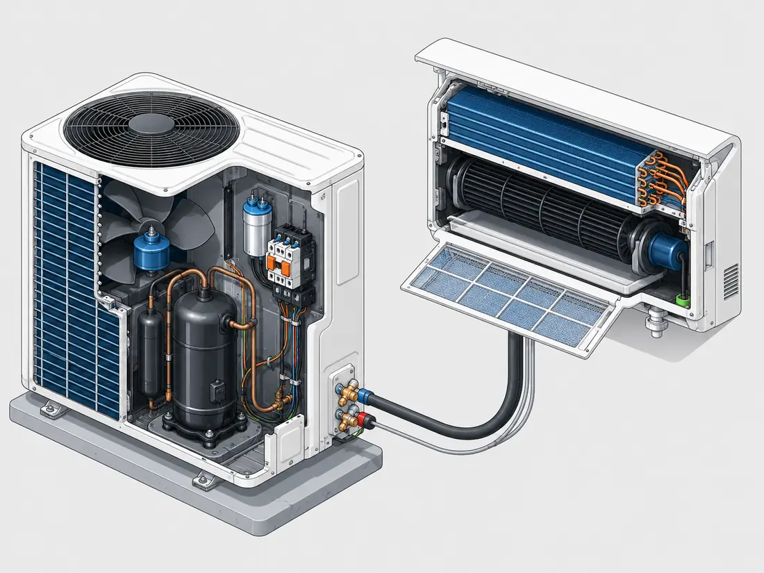 Residential air conditioning system cutaway showing common repair components