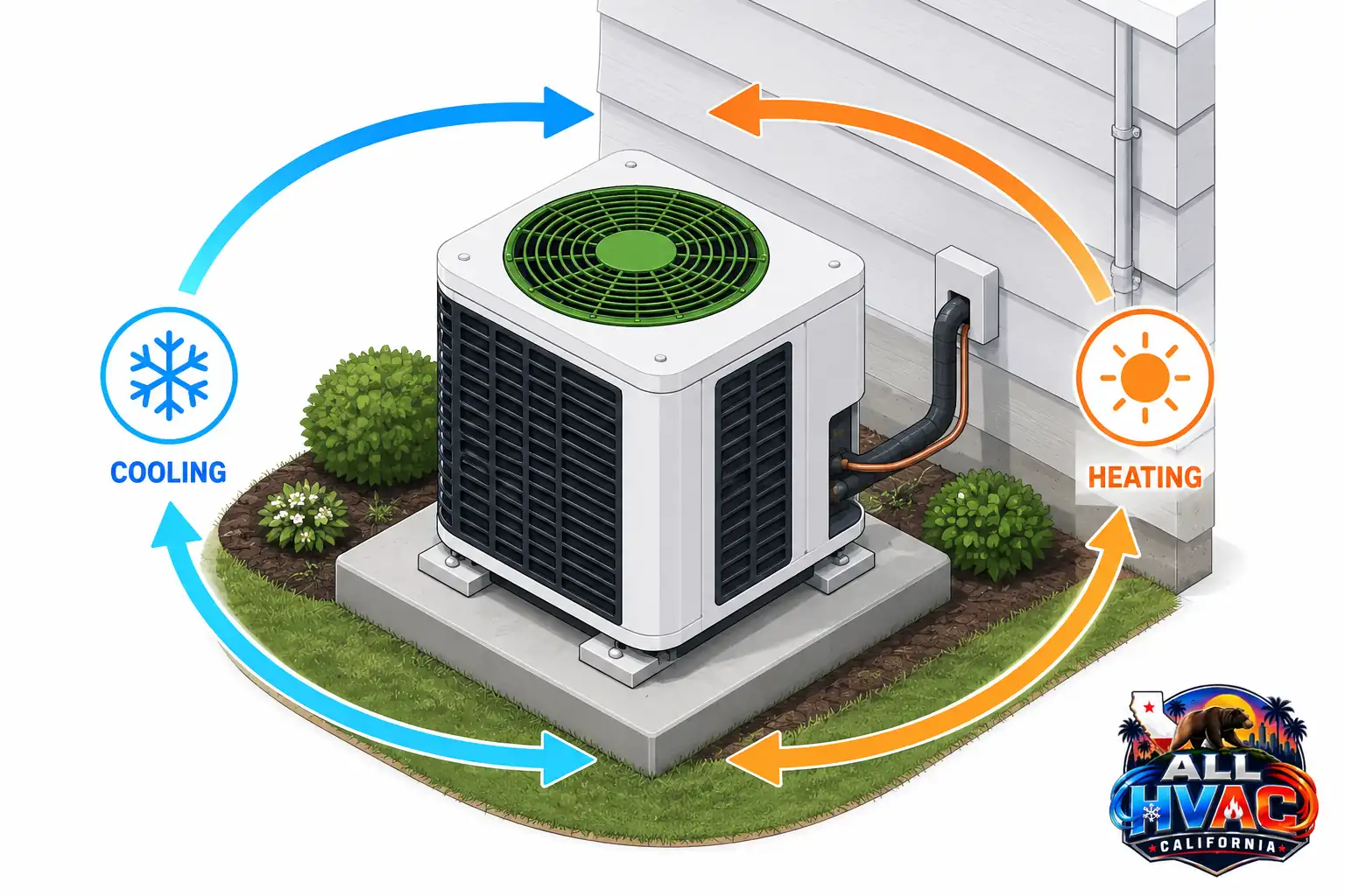 Residential heat pump showing heating and cooling operating modes