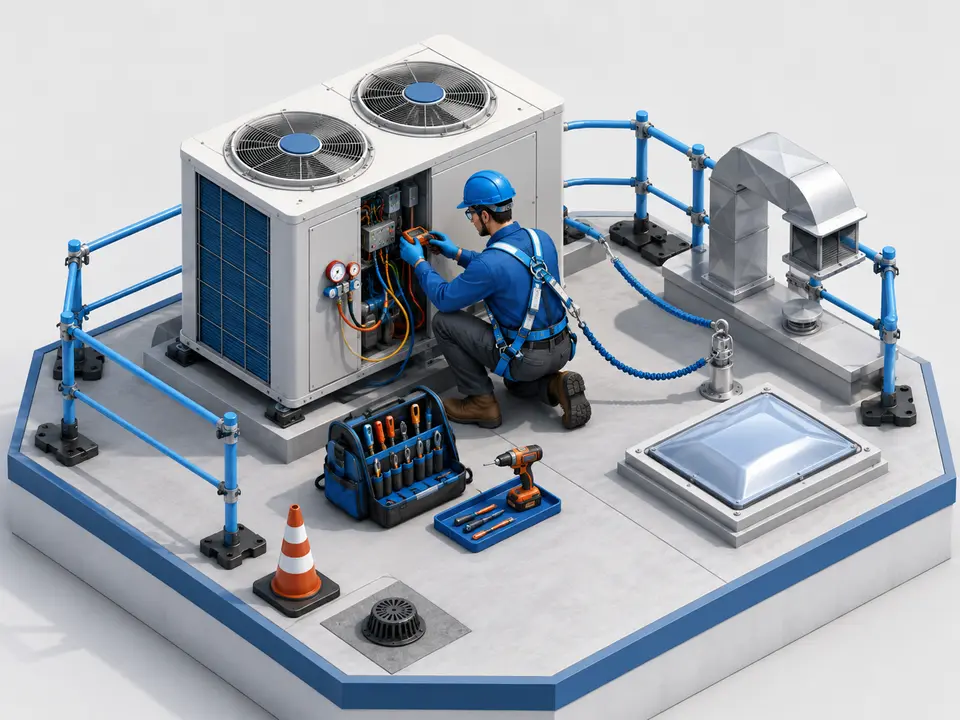 HVAC technician reviewing rooftop equipment hazards with safety gear