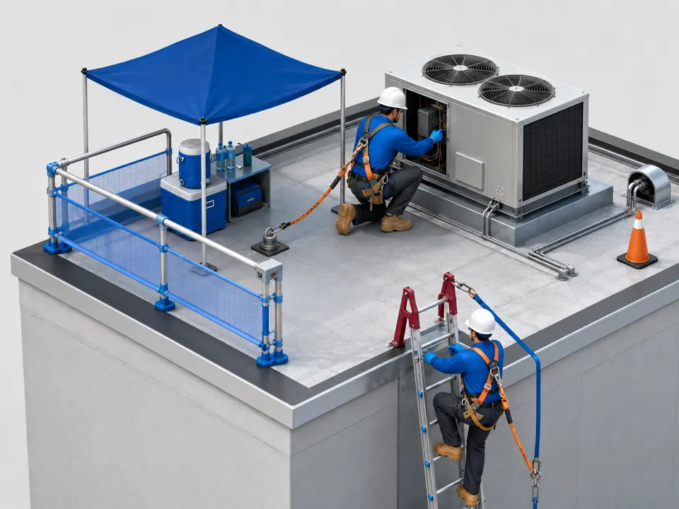 HVAC technician using fall protection while servicing rooftop equipment