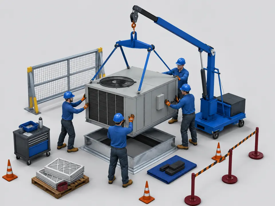 HVAC crew using safe lifting methods for heavy equipment