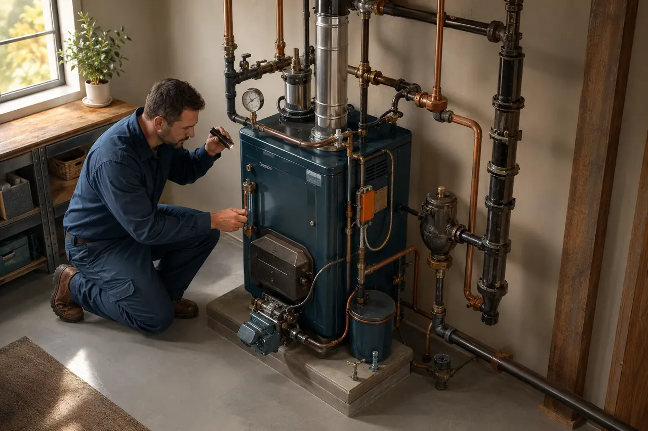 Steam boiler pressure control sight glass waterline vent and condensate return diagnosis