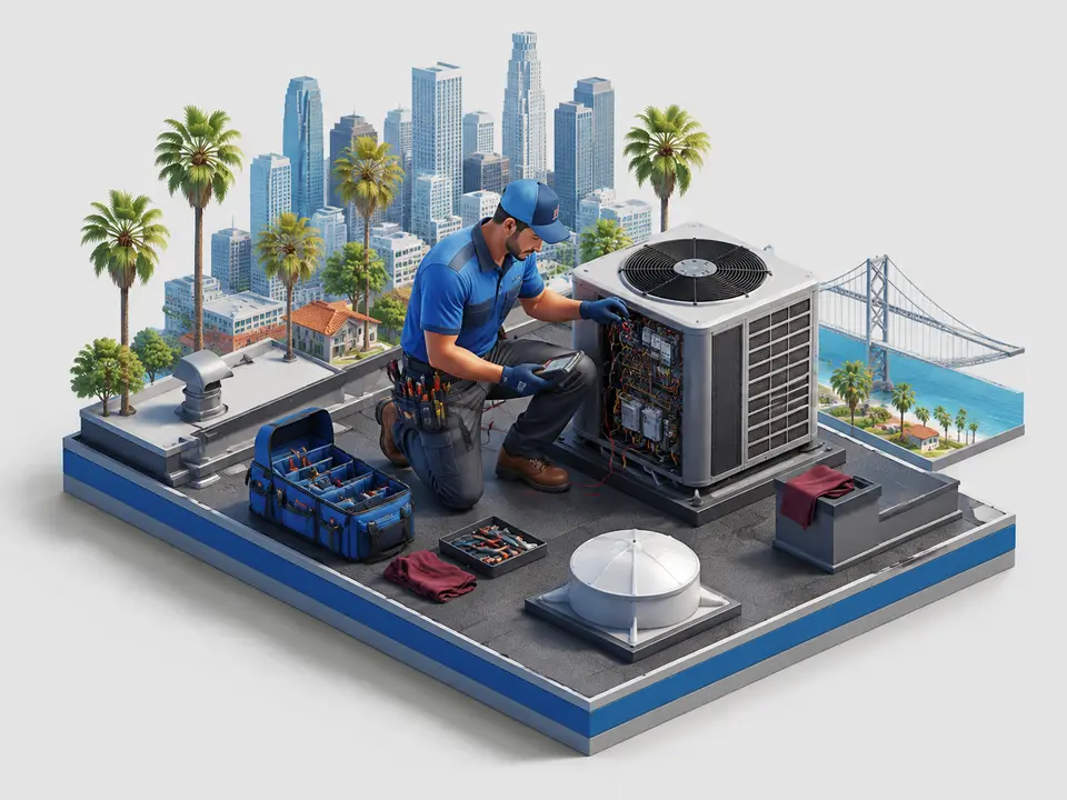 HVAC technician managing a demanding service day in California