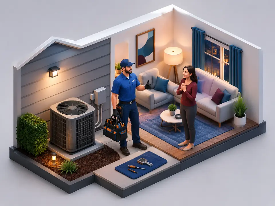 HVAC technician and homeowner relieved after a successful repair