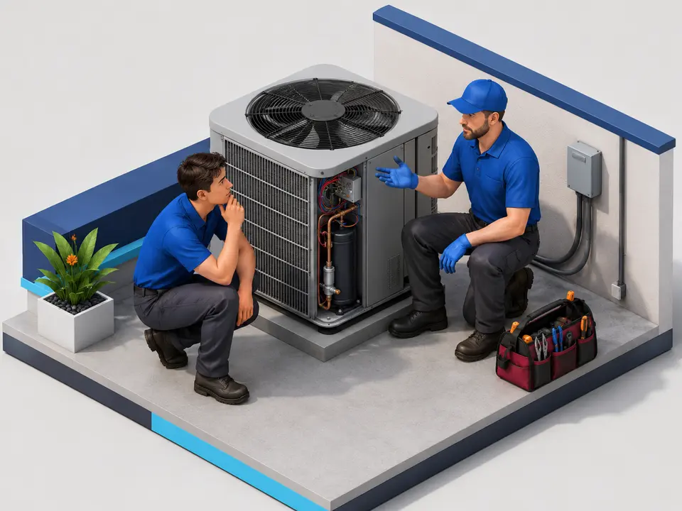 HVAC beginner practicing diagnostics with an experienced mentor