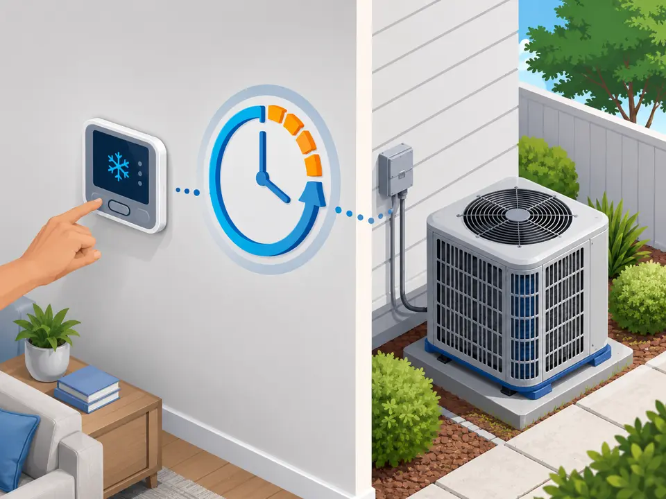 Thermostat, pause timer, and outdoor condenser showing the air conditioner restart delay