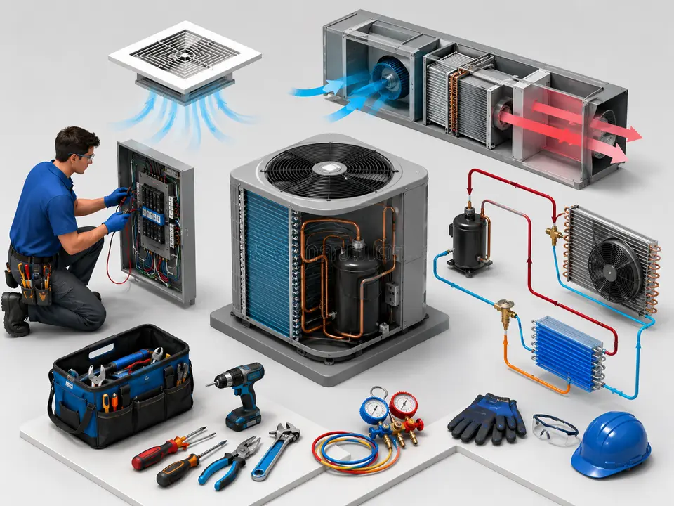 HVAC student studying core heating cooling electrical and airflow fundamentals