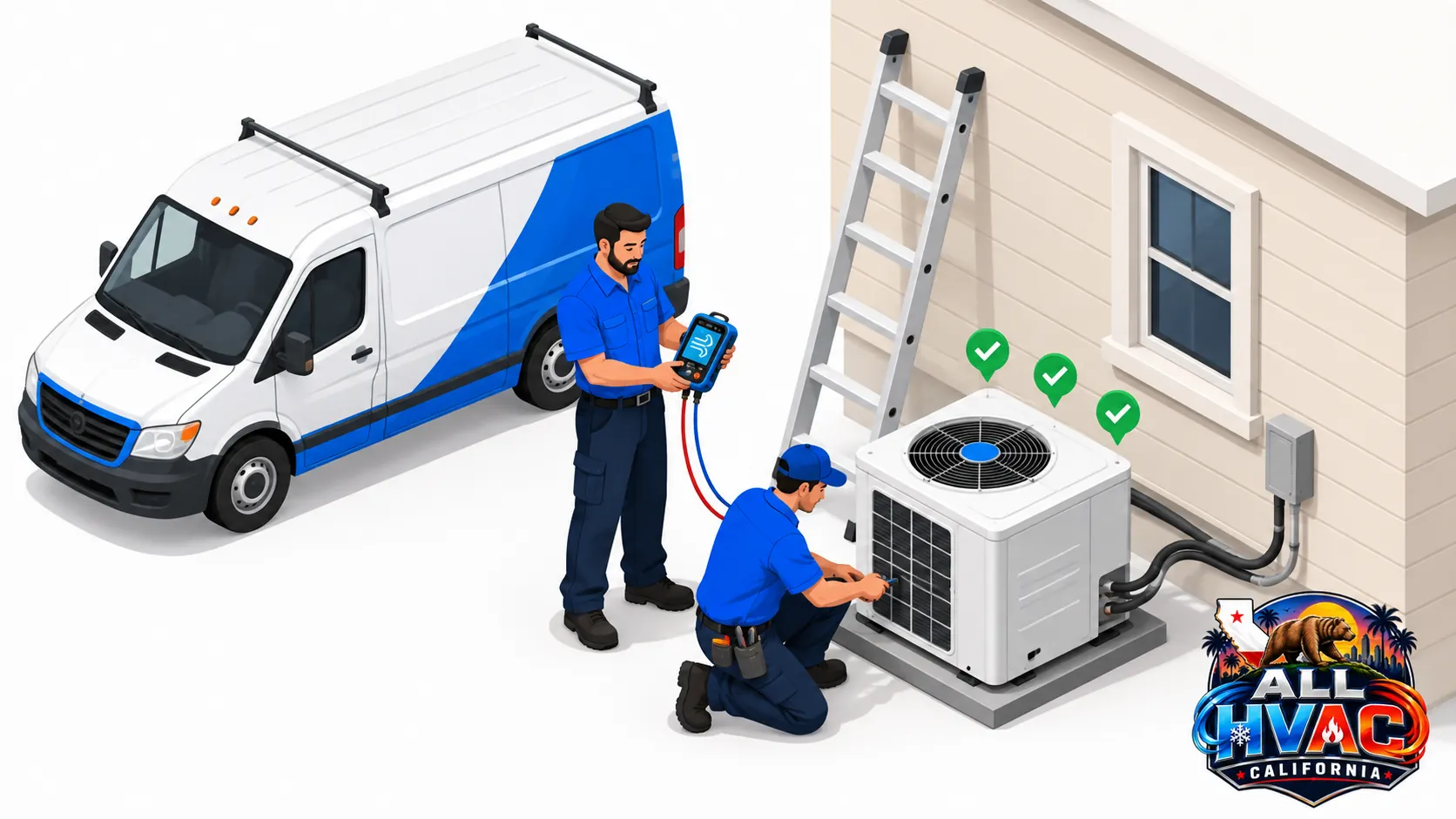 Two HVAC technicians completing an air conditioner installation on install day
