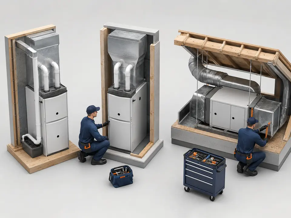 Upflow downflow and horizontal furnace installation configurations