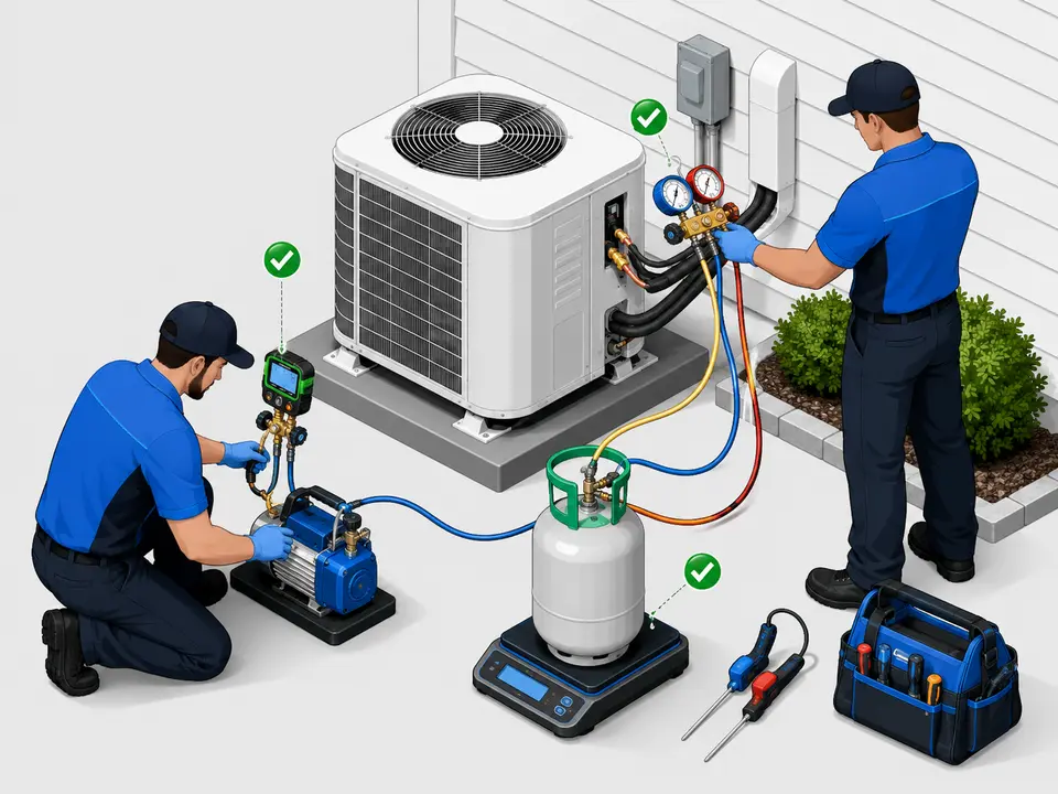 Technicians evacuating and recharging an AC after refrigerant leak repair