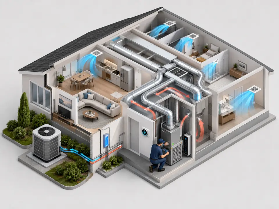 Cutaway view of a home showing a complete HVAC system with ducts, condenser, furnace, and technician